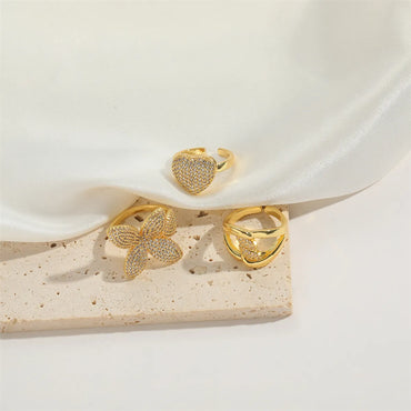 Copper 14K Gold Plated Inlay Heart Shape Zircon Rings