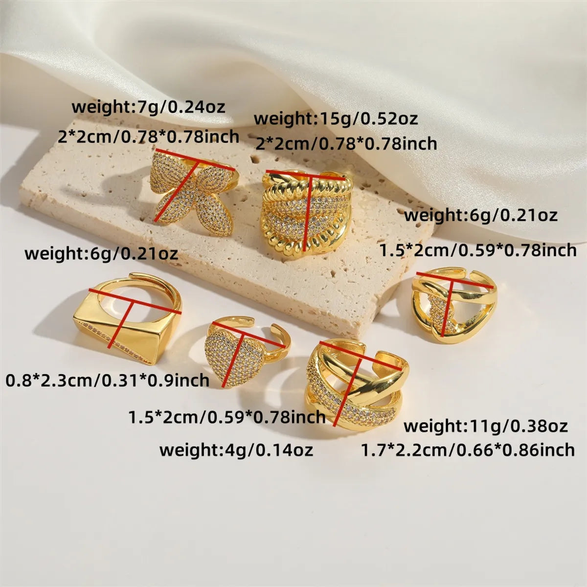 Copper 14K Gold Plated Inlay Heart Shape Zircon Rings