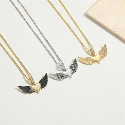 Copper 14K Gold Plated Vintage Style Simple Style Commute Inlay Heart Shape Wings Zircon Pendant Necklace