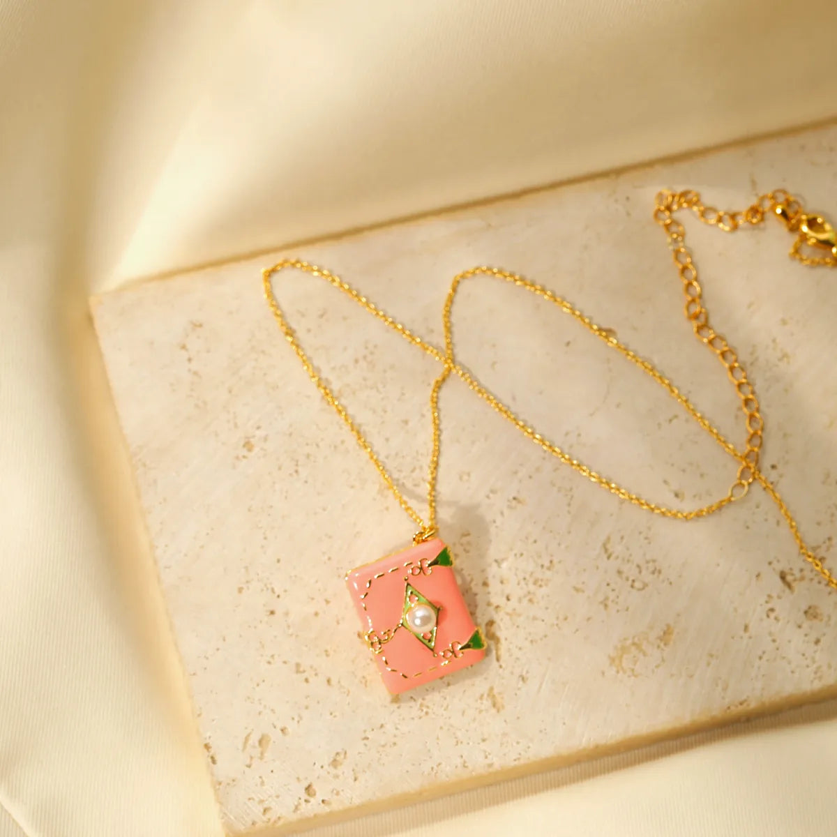 Copper 14K Gold Plated Y2K Cute Sweet Enamel Inlay Book Pearl Pendant Necklace