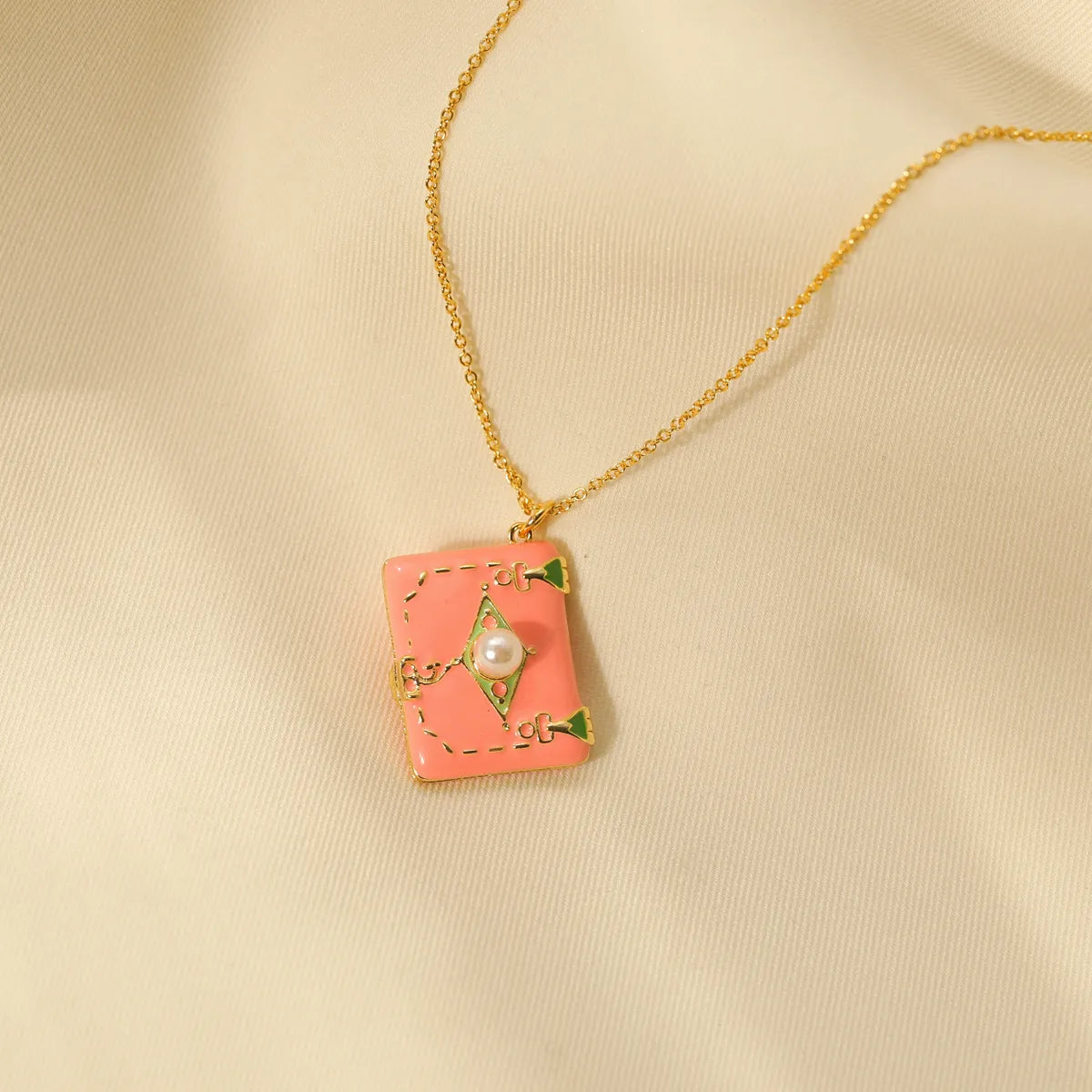 Copper 14K Gold Plated Y2K Cute Sweet Enamel Inlay Book Pearl Pendant Necklace