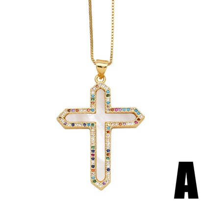 Copper 18K Gold Plated Basic Classic Style Commute Plating Inlay Cross Round Zircon Pendant Necklace