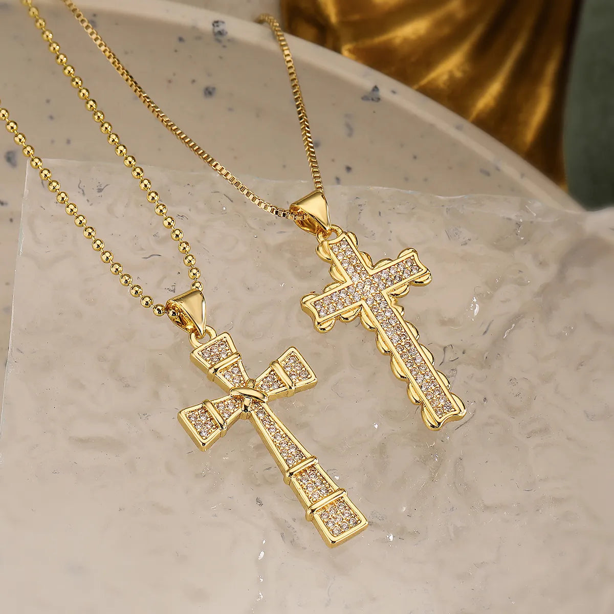 Copper 18K Gold Plated Basic Cross Inlay Zircon Pendant Necklace