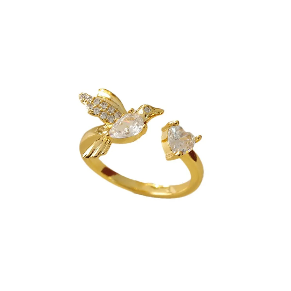 Copper 18K Gold Plated Beach Artistic Commute Polishing Inlay Peace Dove Heart Shape Zircon Open Rings