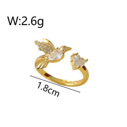 Copper 18K Gold Plated Beach Artistic Commute Polishing Inlay Peace Dove Heart Shape Zircon Open Rings