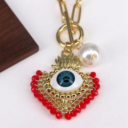 Copper 18K Gold Plated Beaded Crystal Pearl Heart Shape Eye Pendant Necklace