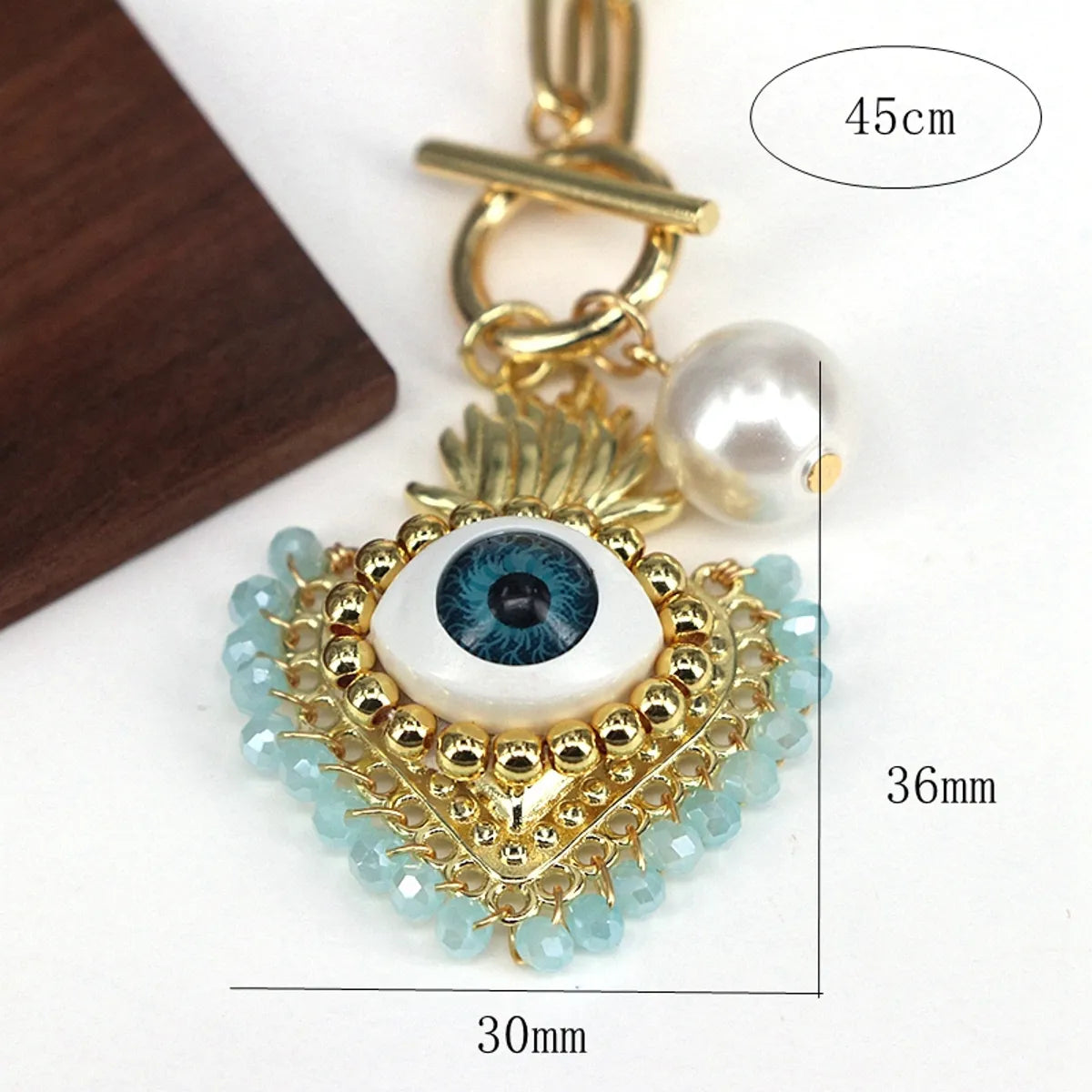 Copper 18K Gold Plated Beaded Crystal Pearl Heart Shape Eye Pendant Necklace