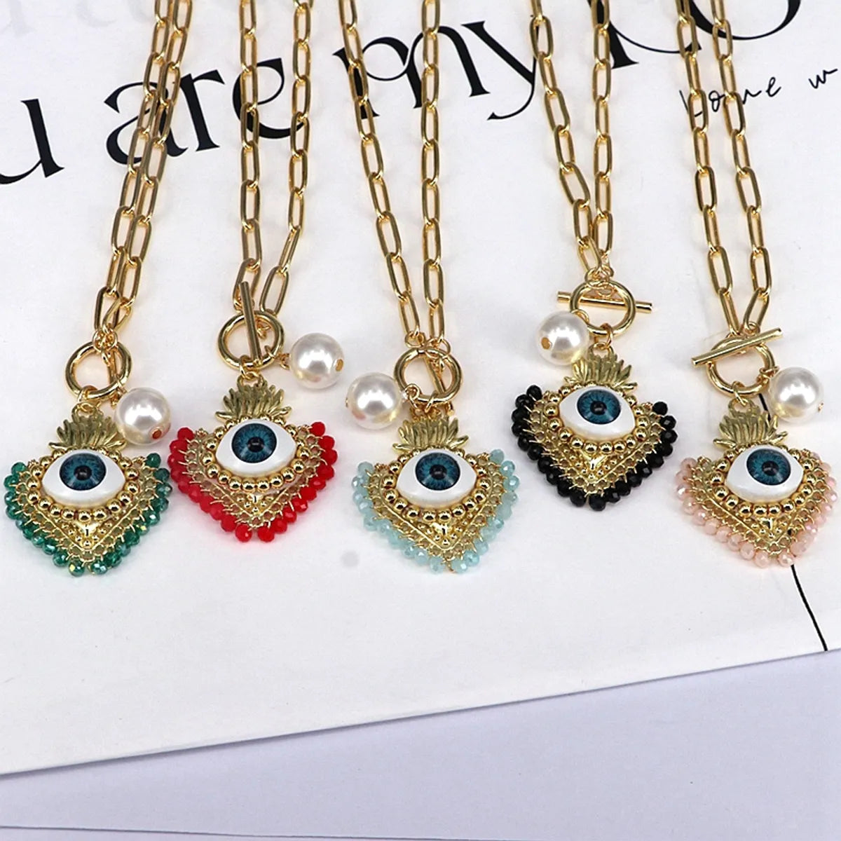 Copper 18K Gold Plated Beaded Crystal Pearl Heart Shape Eye Pendant Necklace