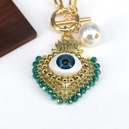 Copper 18K Gold Plated Beaded Crystal Pearl Heart Shape Eye Pendant Necklace