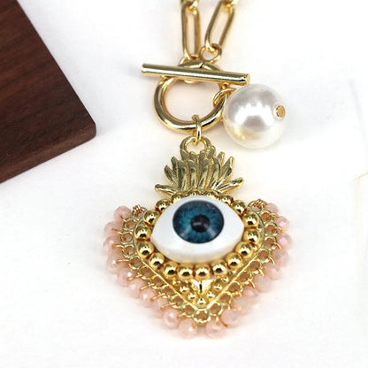 Copper 18K Gold Plated Beaded Crystal Pearl Heart Shape Eye Pendant Necklace