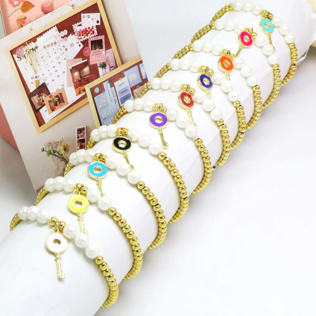 Copper 18K Gold Plated Beaded Enamel Pearl Key Bracelets