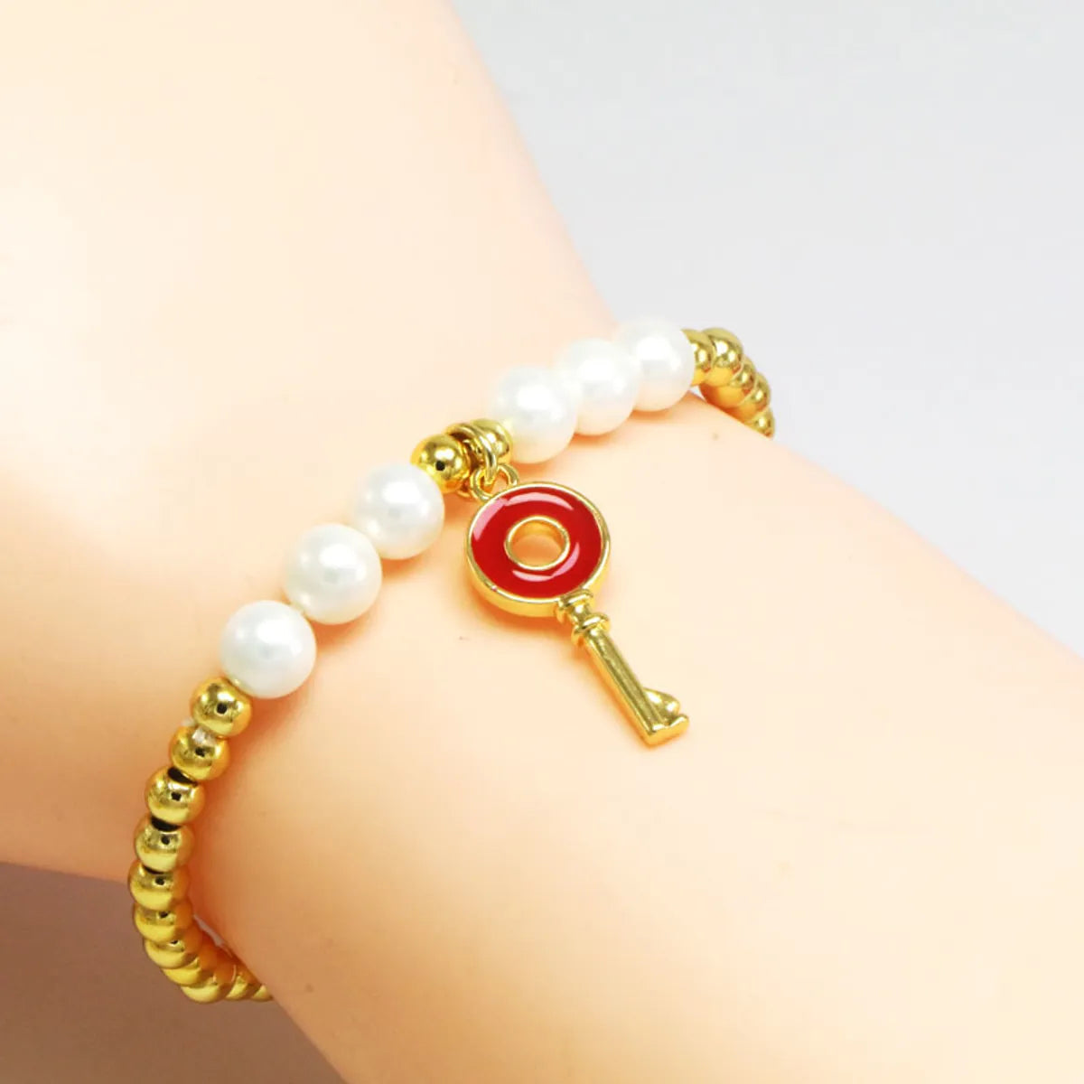 Copper 18K Gold Plated Beaded Enamel Pearl Key Bracelets