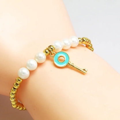 Copper 18K Gold Plated Beaded Enamel Pearl Key Bracelets