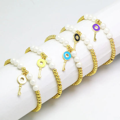 Copper 18K Gold Plated Beaded Enamel Pearl Key Bracelets