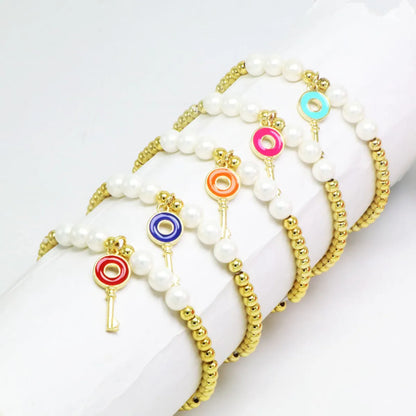 Copper 18K Gold Plated Beaded Enamel Pearl Key Bracelets