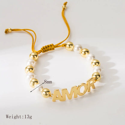 Copper 18K Gold Plated Beaded Letter Solid Color Bracelets