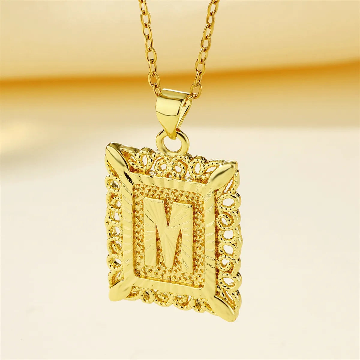 Copper 18K Gold Plated Casual Hollow Out Letter Pendant Necklace