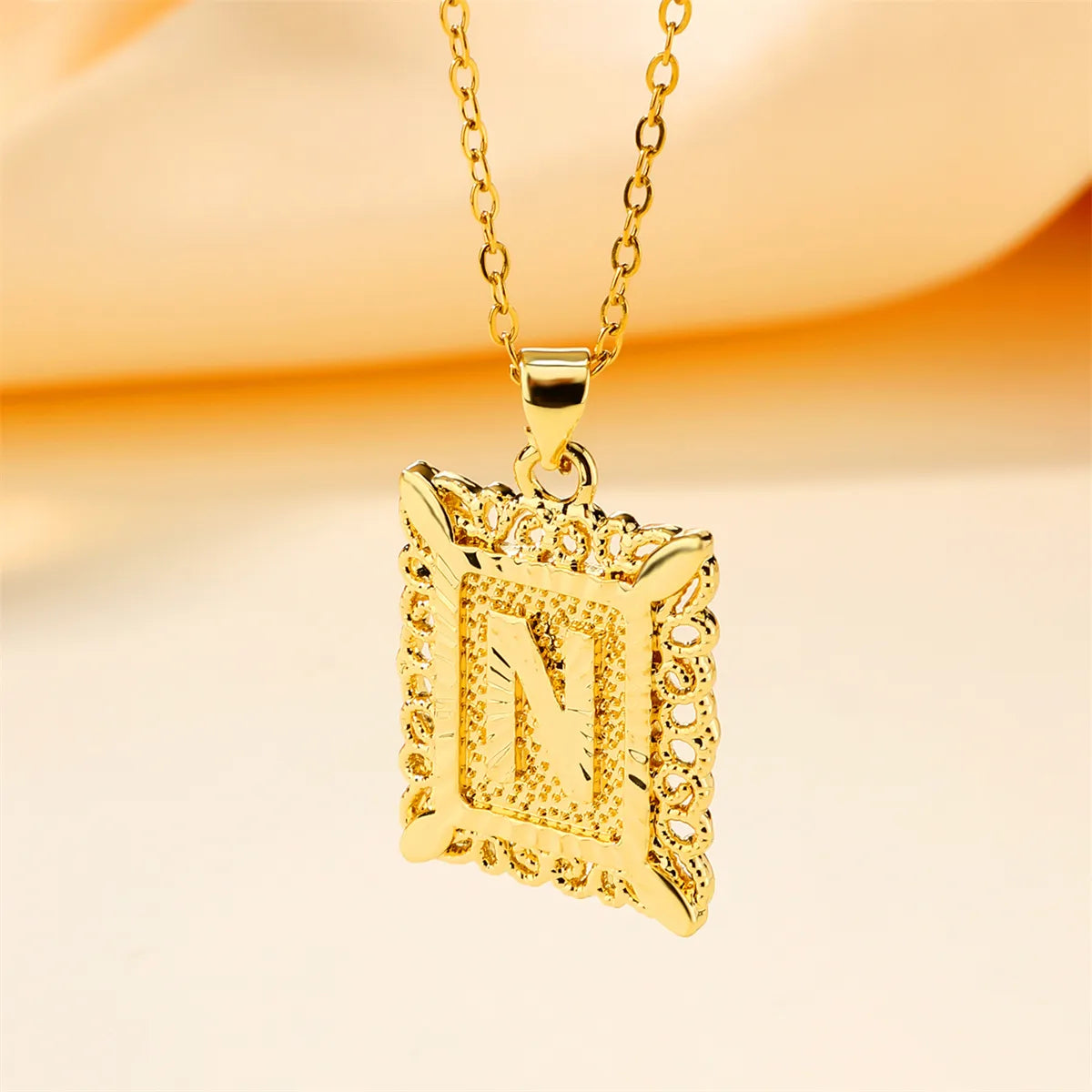 Copper 18K Gold Plated Casual Hollow Out Letter Pendant Necklace