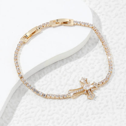 Copper 18K Gold Plated Casual Simple Style Roman Style Cross Polishing Inlay Zircon Bracelets