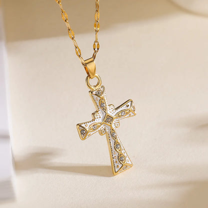 Copper 18K Gold Plated Classic Style Commute Enamel Plating Inlay Cross Zircon Pendant Necklace