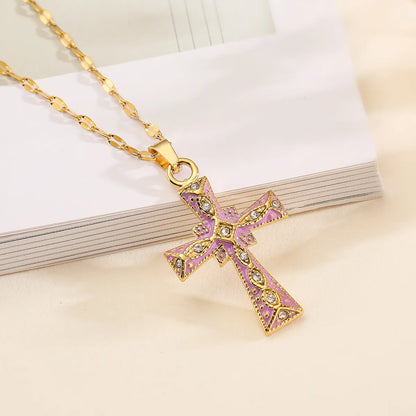 Copper 18K Gold Plated Classic Style Commute Enamel Plating Inlay Cross Zircon Pendant Necklace