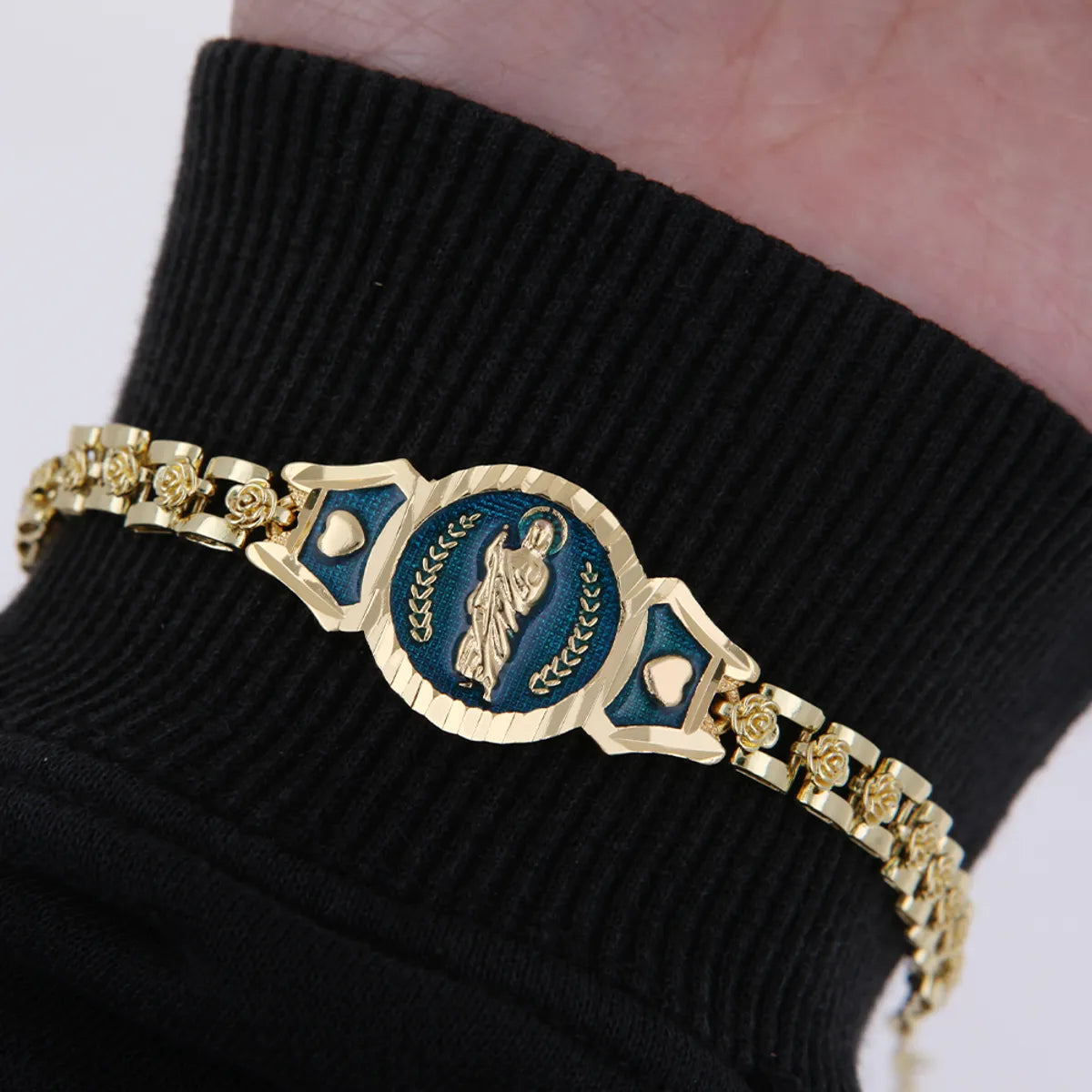 Copper 18K Gold Plated Cool Style Enamel Human Flower ID Bracelet