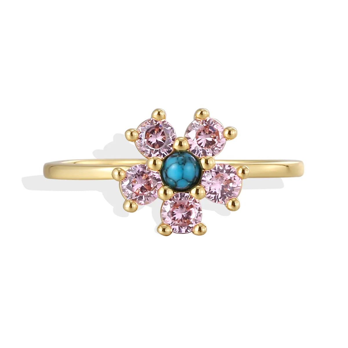 Copper 18K Gold Plated Copper Plated Gold 0.03 M Vacation Shiny Plating Inlay Four Leaf Clover Rose Flower Turquoise Zircon Rings