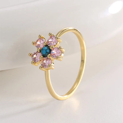 Copper 18K Gold Plated Copper Plated Gold 0.03 M Vacation Shiny Plating Inlay Four Leaf Clover Rose Flower Turquoise Zircon Rings