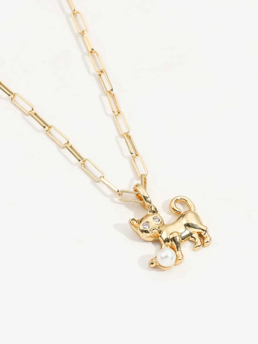 Copper 18K Gold Plated Cute Elephant Cat Plating Inlay Artificial Pearls Zircon Pendant Necklace