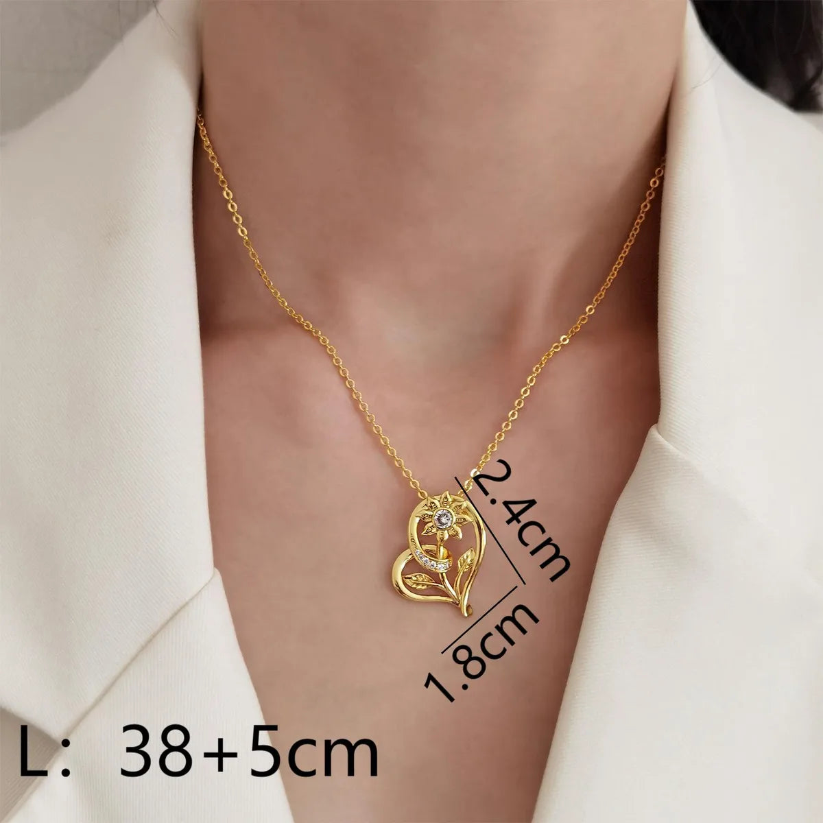 Copper 18K Gold Plated Cute Simple Style Commute Hollow Out Inlay Heart Shape Flower Zircon Pendant Necklace