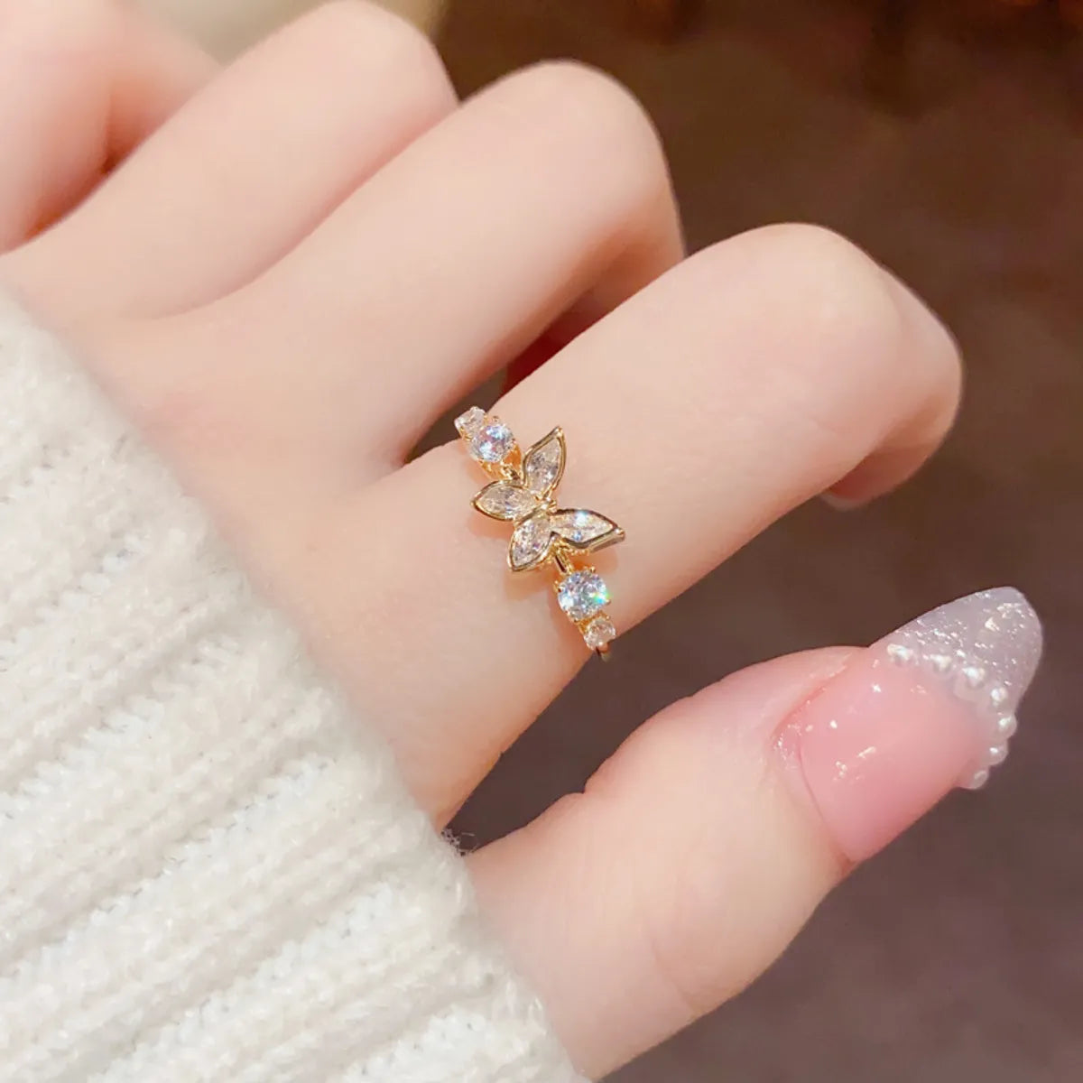 Copper 18K Gold Plated Cute Sweet Plating Inlay Bow Knot Zircon Open Rings