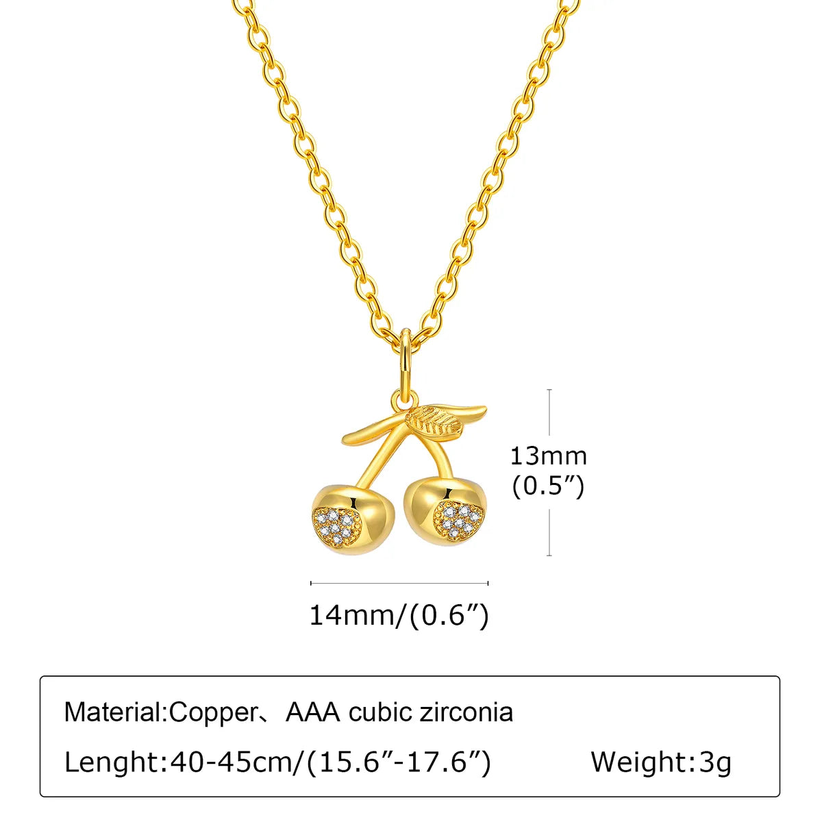 Cute Sweet Shiny Cherry Copper Alloy Inlay Zircon 18K Gold Plated Women'S Pendant Necklace