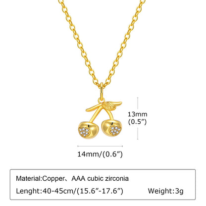 Cute Sweet Shiny Cherry Copper Alloy Inlay Zircon 18K Gold Plated Women'S Pendant Necklace