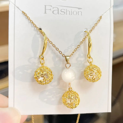 Elegant Glam Shiny Round 304 Stainless Steel Copper Plating Hollow Out Inlay Natural Stone Zircon 18K Gold Plated Women'S Jewelry Set