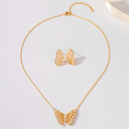 Copper 18K Gold Plated Elegant Lady Bridal Inlay Butterfly Zircon Earrings Necklace