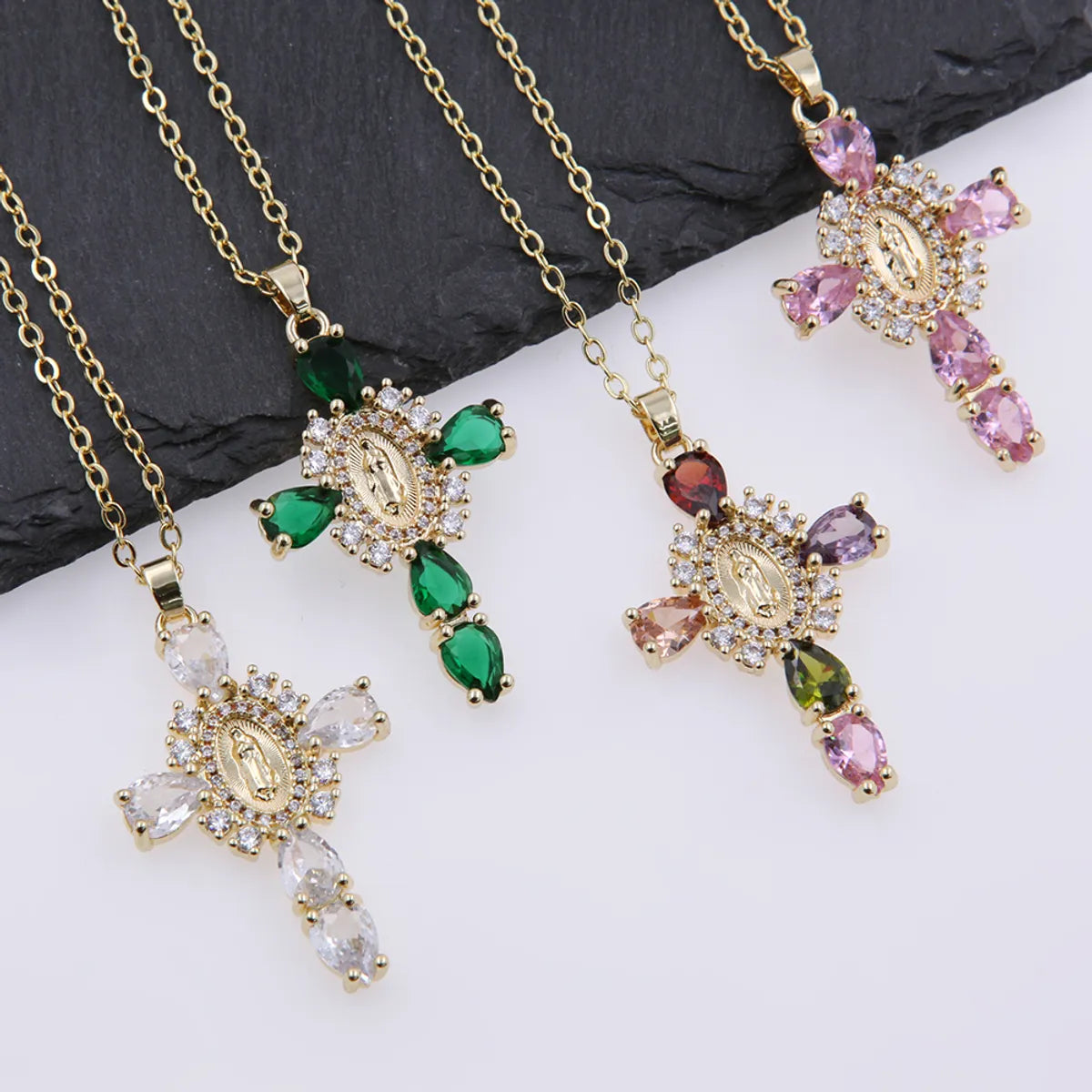 Copper 18K Gold Plated Elegant Shiny Inlay Human Cross Zircon Pendant Necklace