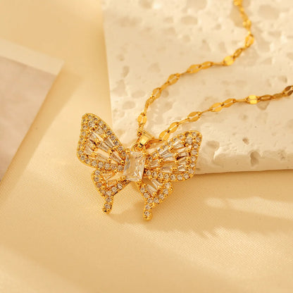 Copper 18K Gold Plated Elegant Simple Style Inlay Butterfly Artificial Diamond Pendant Necklace