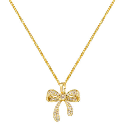 Copper 18K Gold Plated Elegant Vacation Sweet Inlay Bow Knot Zircon Pendant Necklace