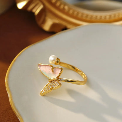 Copper 18K Gold Plated Enamel Inlay Butterfly Artificial Pearls Zircon Open Rings