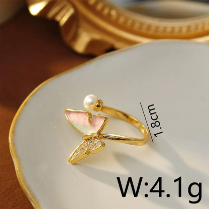 Copper 18K Gold Plated Enamel Inlay Butterfly Artificial Pearls Zircon Open Rings