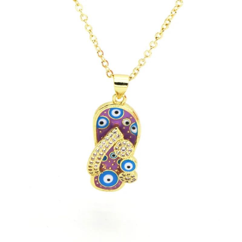 Copper 18K Gold Plated Enamel Inlay Slippers Zircon Pendant Necklace