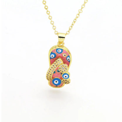 Copper 18K Gold Plated Enamel Inlay Slippers Zircon Pendant Necklace