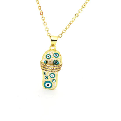 Copper 18K Gold Plated Enamel Inlay Slippers Zircon Pendant Necklace