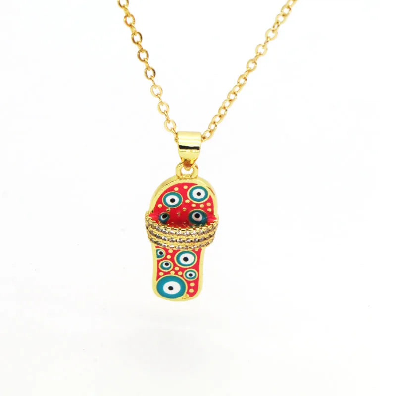 Copper 18K Gold Plated Enamel Inlay Slippers Zircon Pendant Necklace