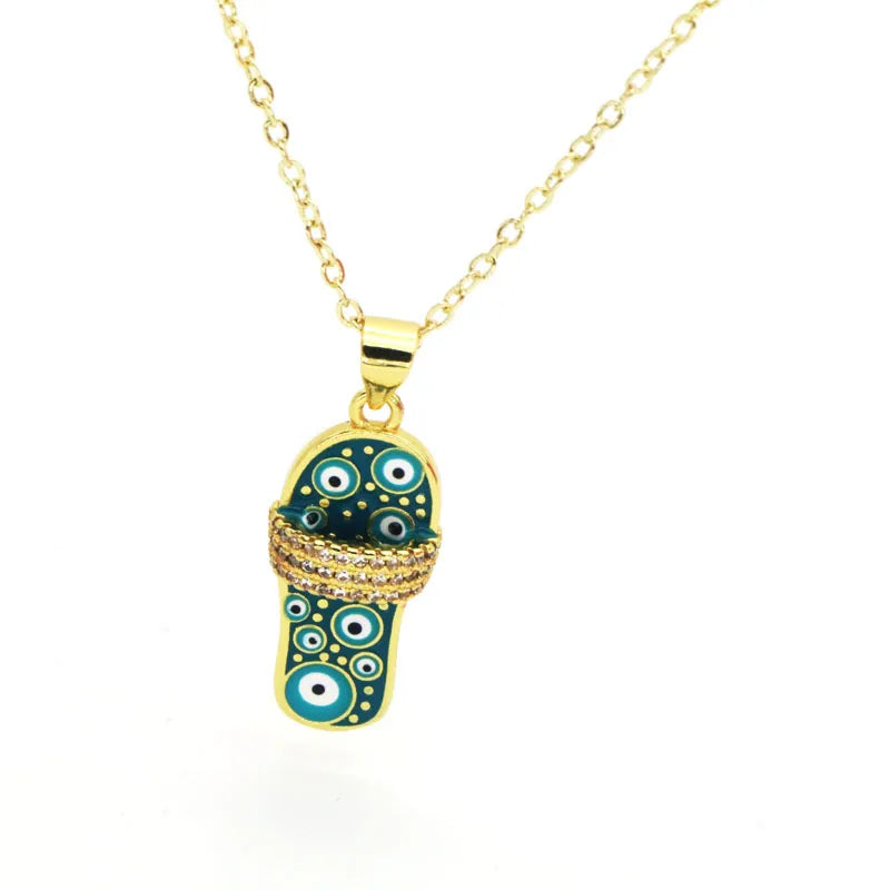 Copper 18K Gold Plated Enamel Inlay Slippers Zircon Pendant Necklace