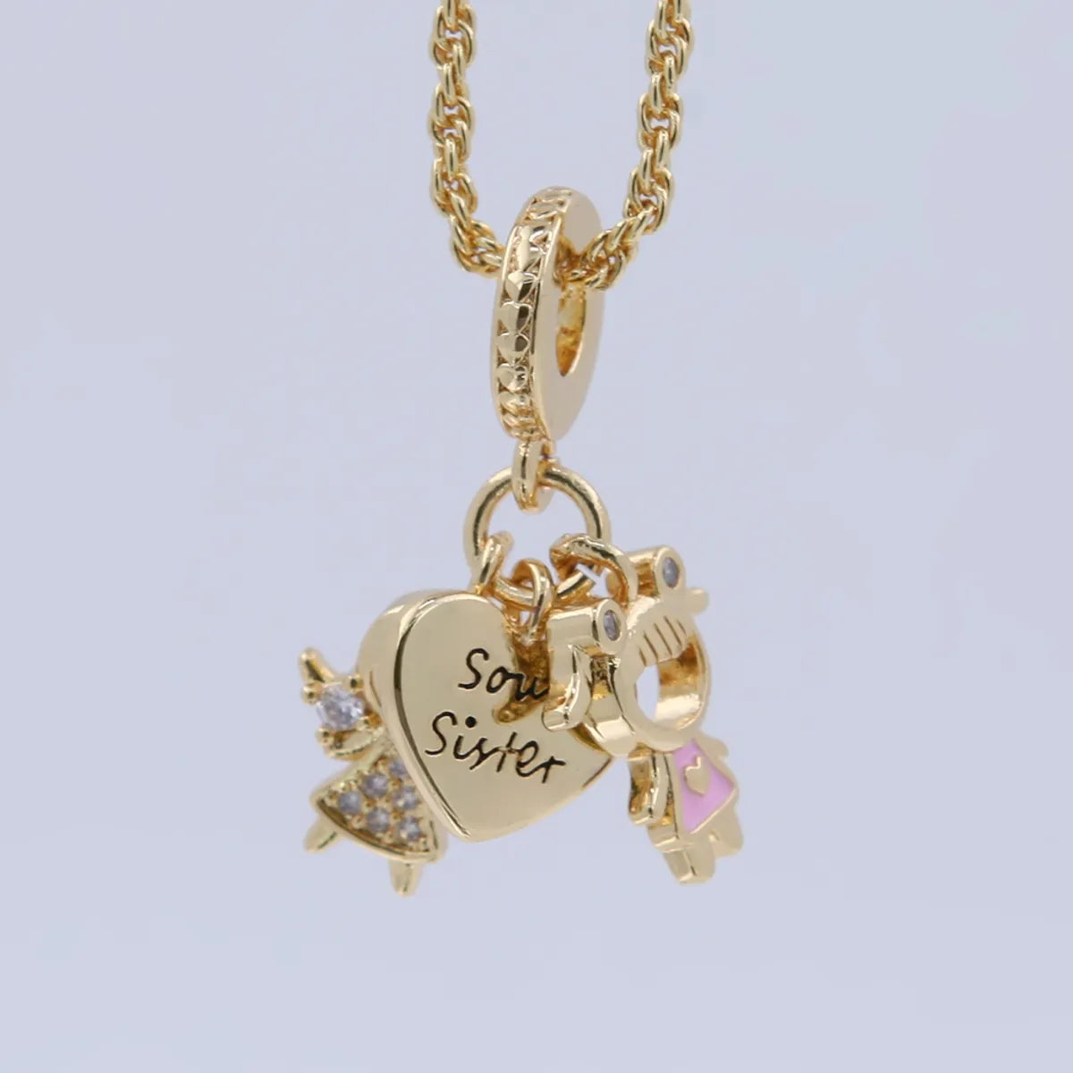 Copper 18K Gold Plated Epoxy Plating Inlaid Zircon Heart Shape Wings Zircon Pendant Necklace