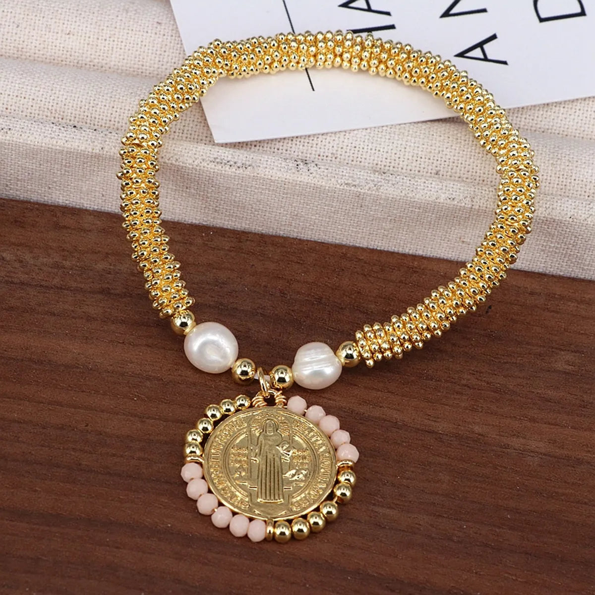 Copper 18K Gold Plated Handmade Pearl Human Round Crystal Bracelets