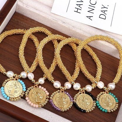 Copper 18K Gold Plated Handmade Pearl Human Round Crystal Bracelets