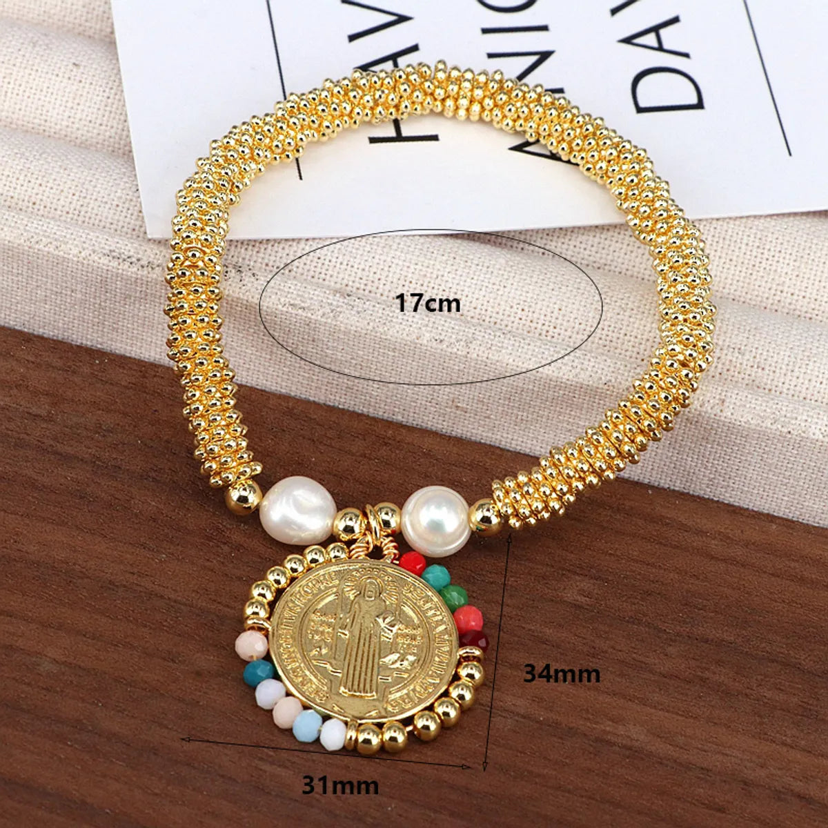 Copper 18K Gold Plated Handmade Pearl Human Round Crystal Bracelets