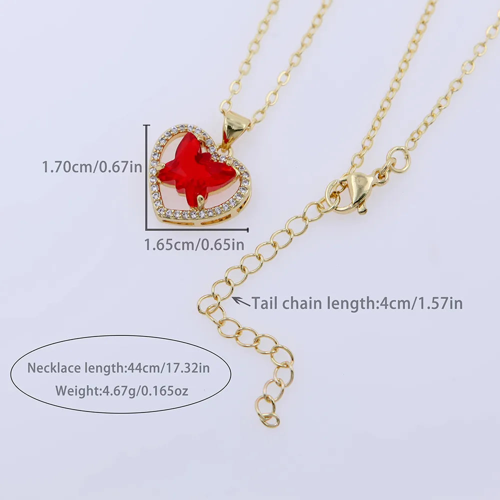 Copper 18K Gold Plated Hollow Out Inlay Heart Shape Butterfly Zircon Pendant Necklace